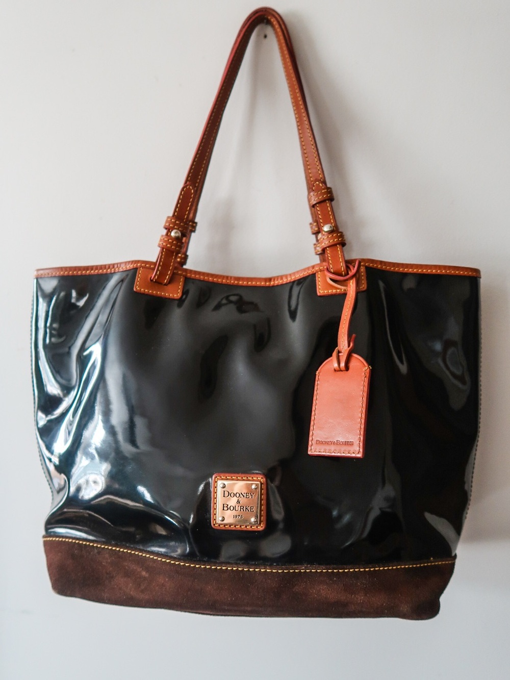 Dooney & Bourke Black Patent Tote with Brown Suede Leather Trim